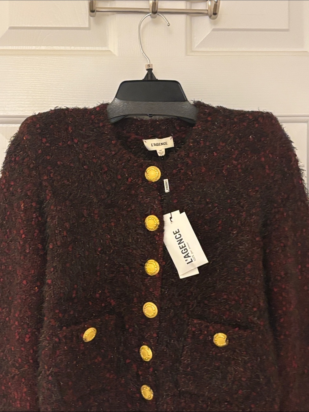 L'AGENCE Burgundy Tweed Blazer with Gold Buttons